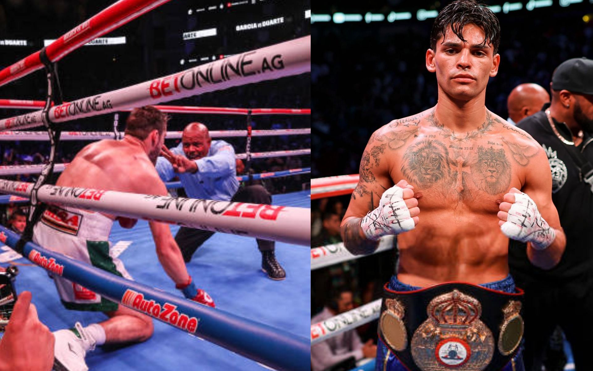 Oscar Duarte during his ten-count against Ryan Garcia (left) and Ryan Garcia (right) [Images Courtesy: @GettyImages]