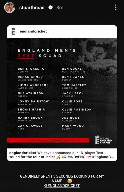Stuart Broad's latest Instagram story.
