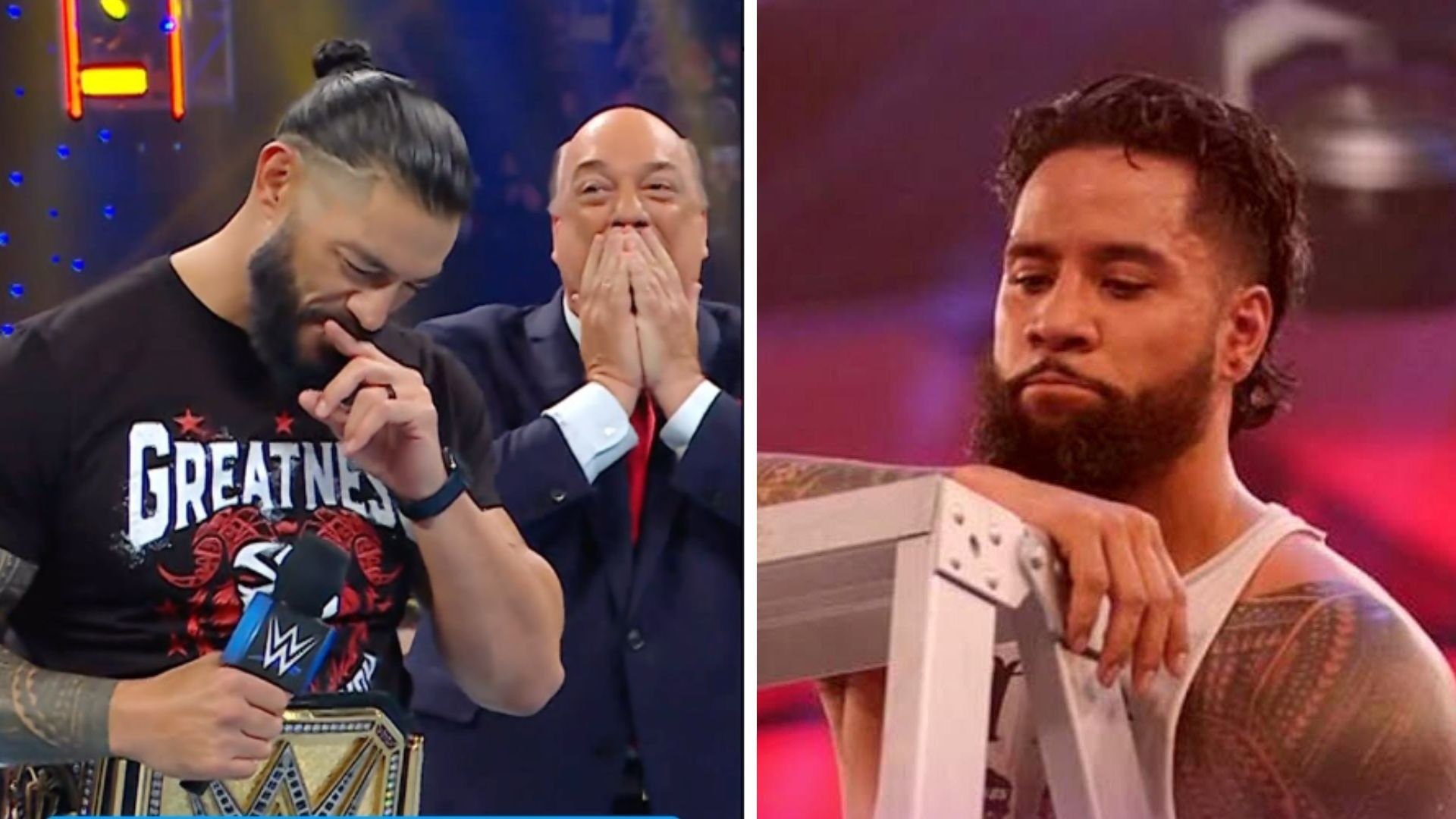Roman Reigns with Paul Heyman on the left and Jey Uso on the right