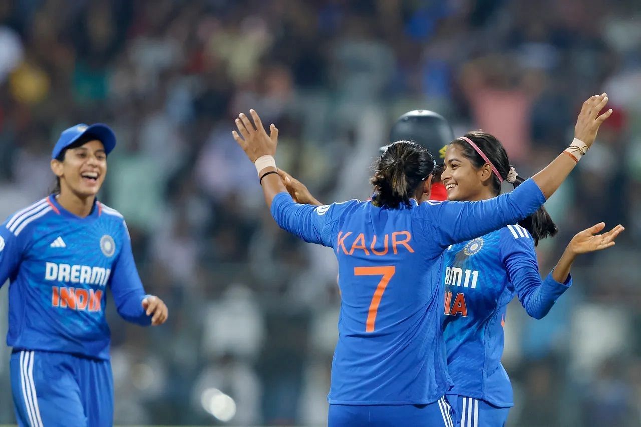 Shreyanka Patil (right) picked up three wickets in the third T20I against England. [P/C: BCCI]