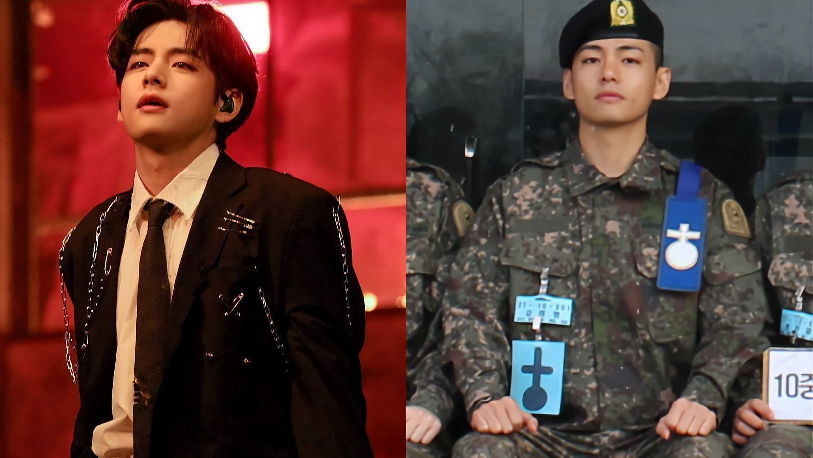 Featuring Kim Taehyung of BTS designated as Platoon Leader in the South Korean military 10th division. (Images via X/@Bts_ot7_sk @SnowBuffering)