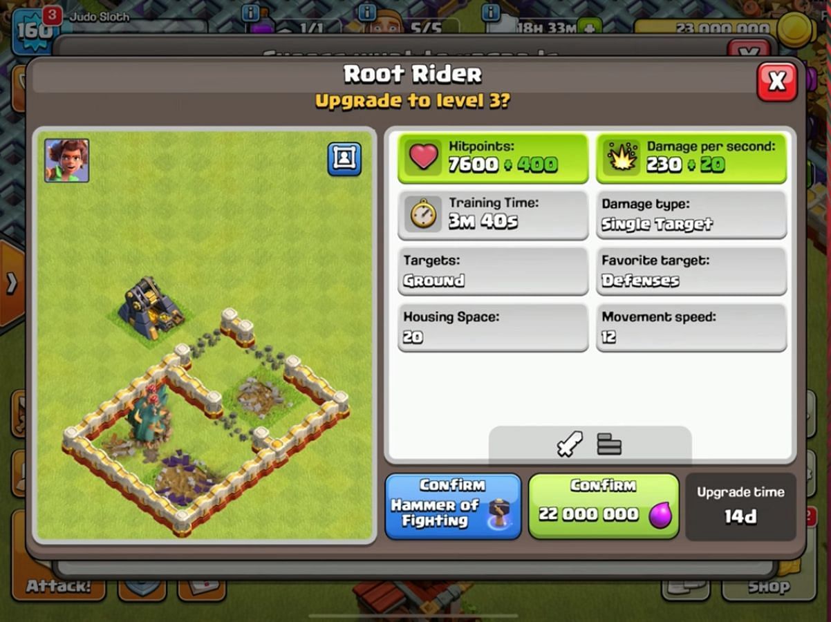 Root Rider stats in Clash of Clans (Image via Judo Sloth Gaming/YouTube)