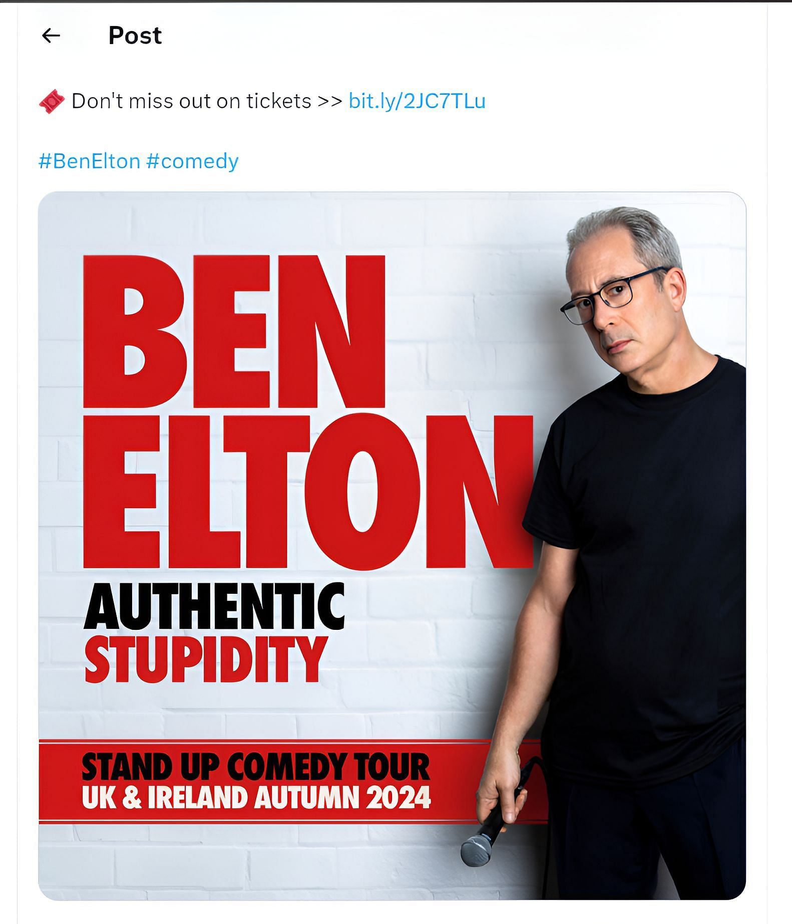 Ben Elton UK and Ireland Tour 2024 announcement (Image via @TicketmasterUK)