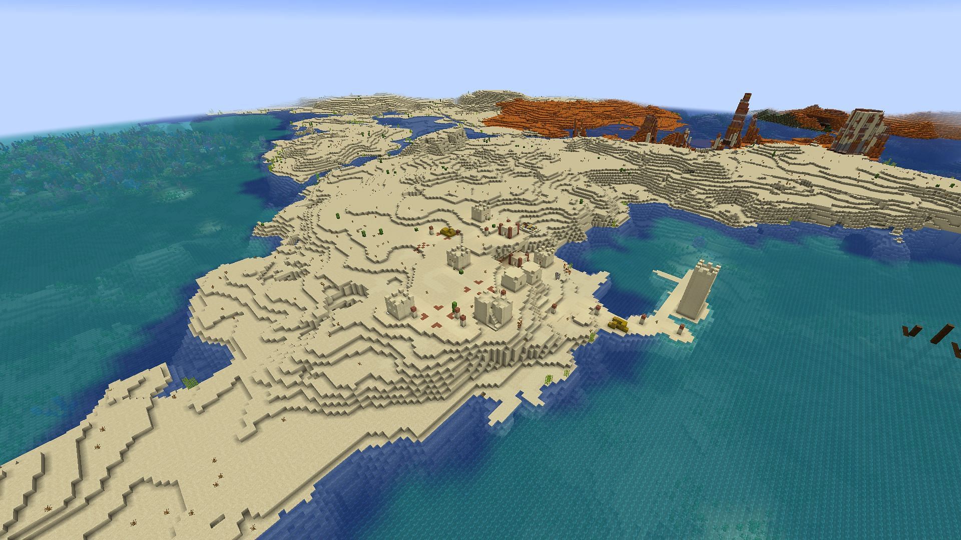 This seed&#039;s sand-blasted terrain extends for thousands of blocks (Image via Mojang)