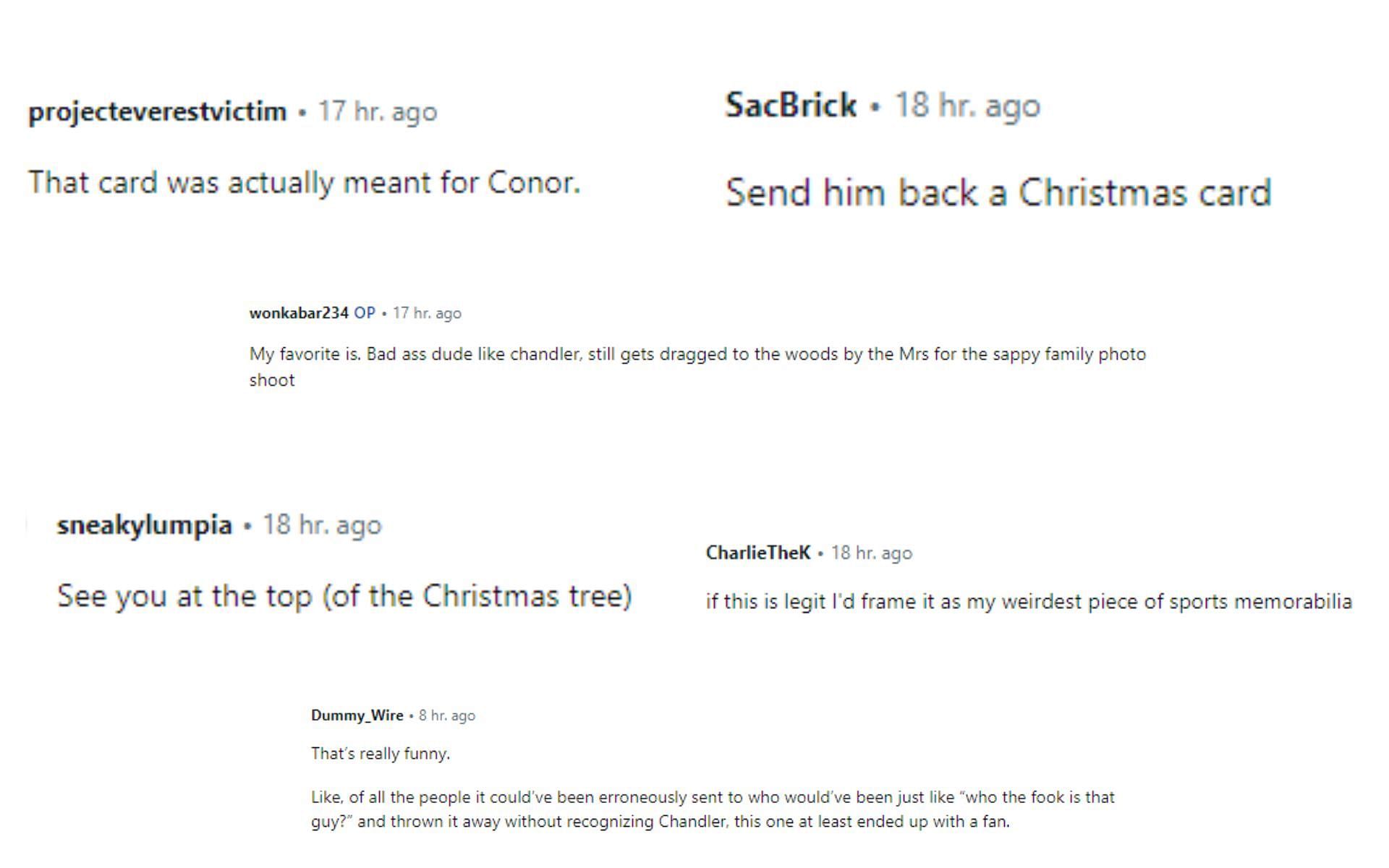 Comments regarding Chandler&#039;s holiday card Tweet.