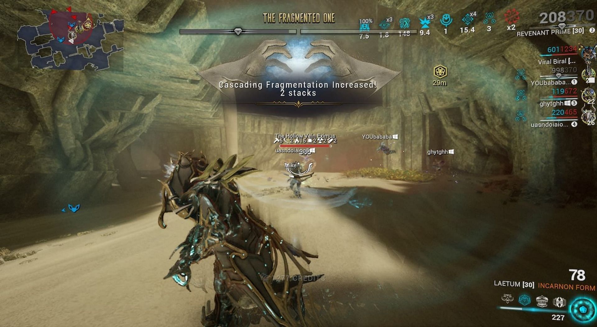 Warframe&#039;s The Fragmented One inflicts you with the Cascading Fragment debuff (Image via Digital Extremes)