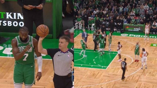 Watch: Jaylen Brown gets heated after refs eject him from the bench vs Knicks