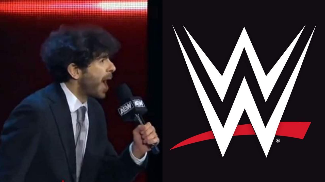 AEW president Tony Khan (left) and WWE logo (right)