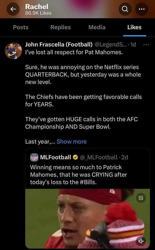 Rachel Busk liking John Rascella's rant about Patrick Mahomes