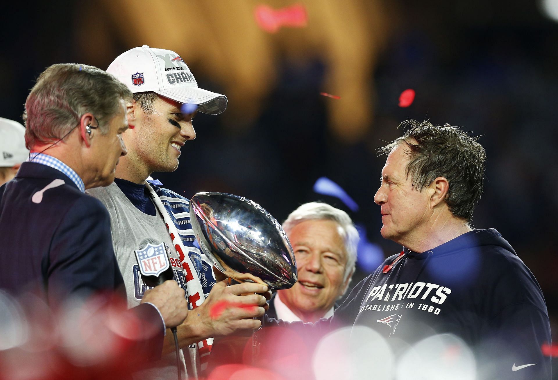 Bill Belichick and Tom Brady after winning one of their six Lombardi Trophies