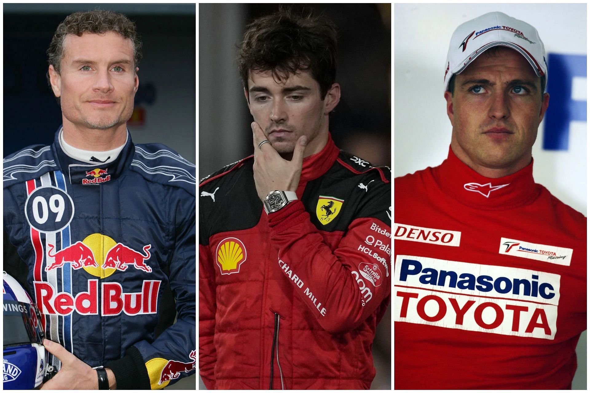 David Coulthard (L), Charles Leclerc (C), and Ralf Schumacher (R) (Collage via Sportskeeda)