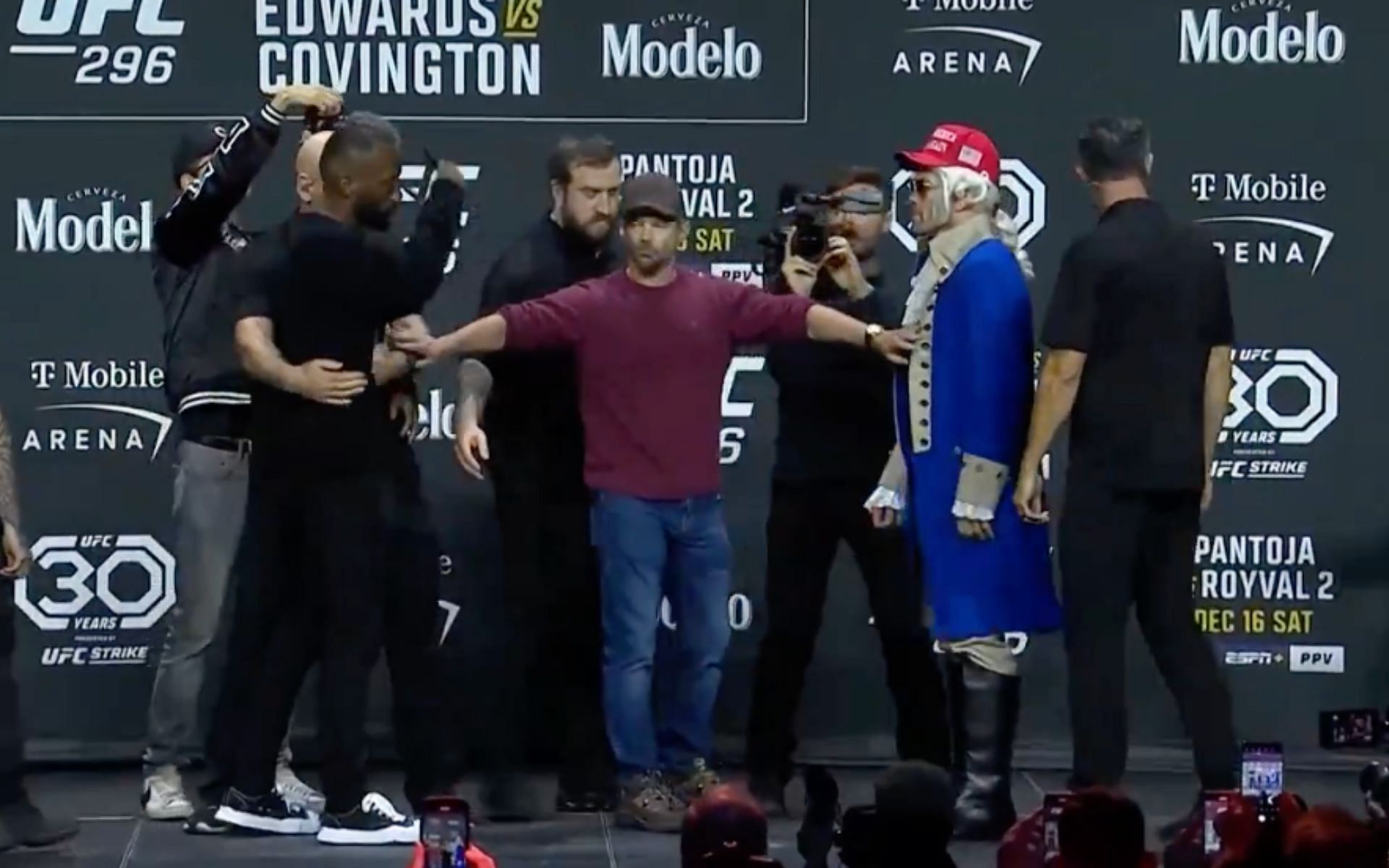 Leon Edwards (left) and Colby Covington (right) faceoff prior to UFC 296 [Photo Courtesy @AAUdhli on X]