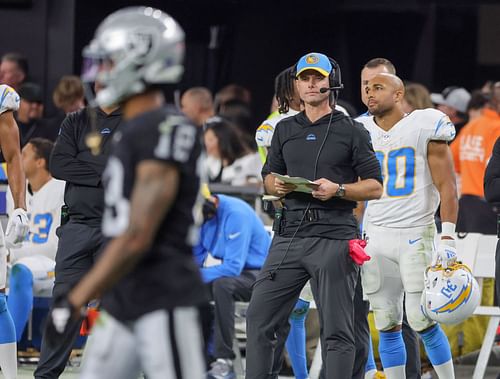 Austin Ekeler, Brandon Staley during Los Angeles Chargers v Las Vegas Raiders