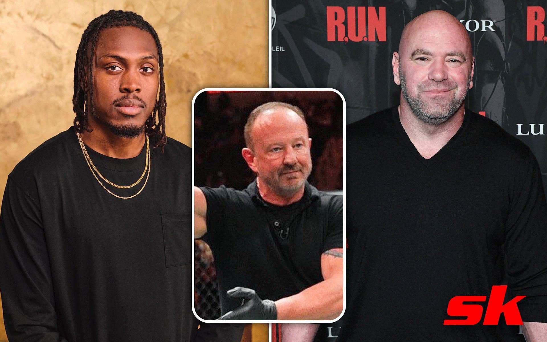 From left to right: Jalin Turner [image courtesy of @thetarantula/Instagram], Kerry Hatley [image courtesy of @kerryhatley/Instagram]; Dana White [image courtesy of Getty Images]
