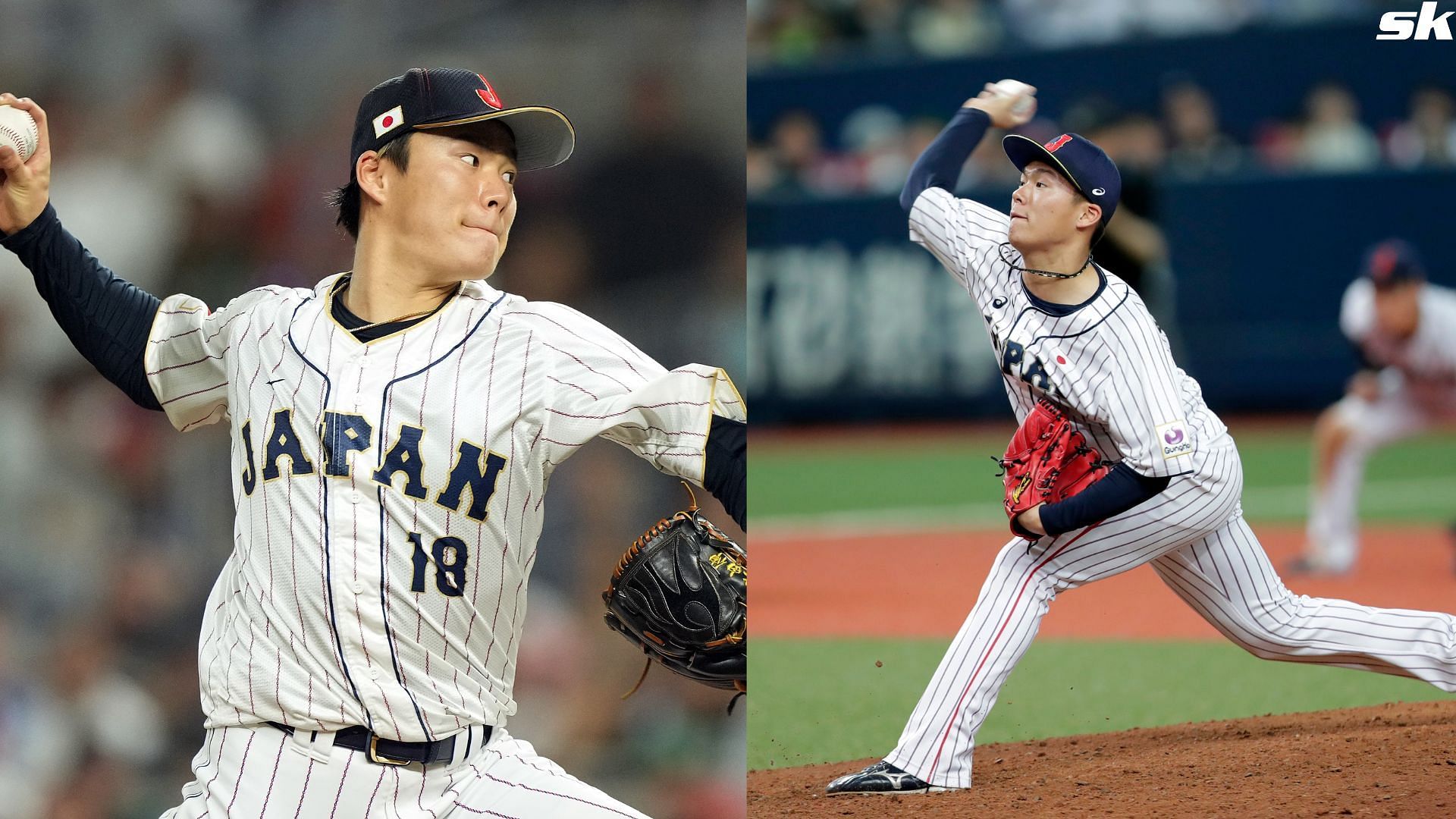 Yoshinobu Yamamoto of Team Japan pitches against Team Mexico during the World Baseball Classic Semifinals