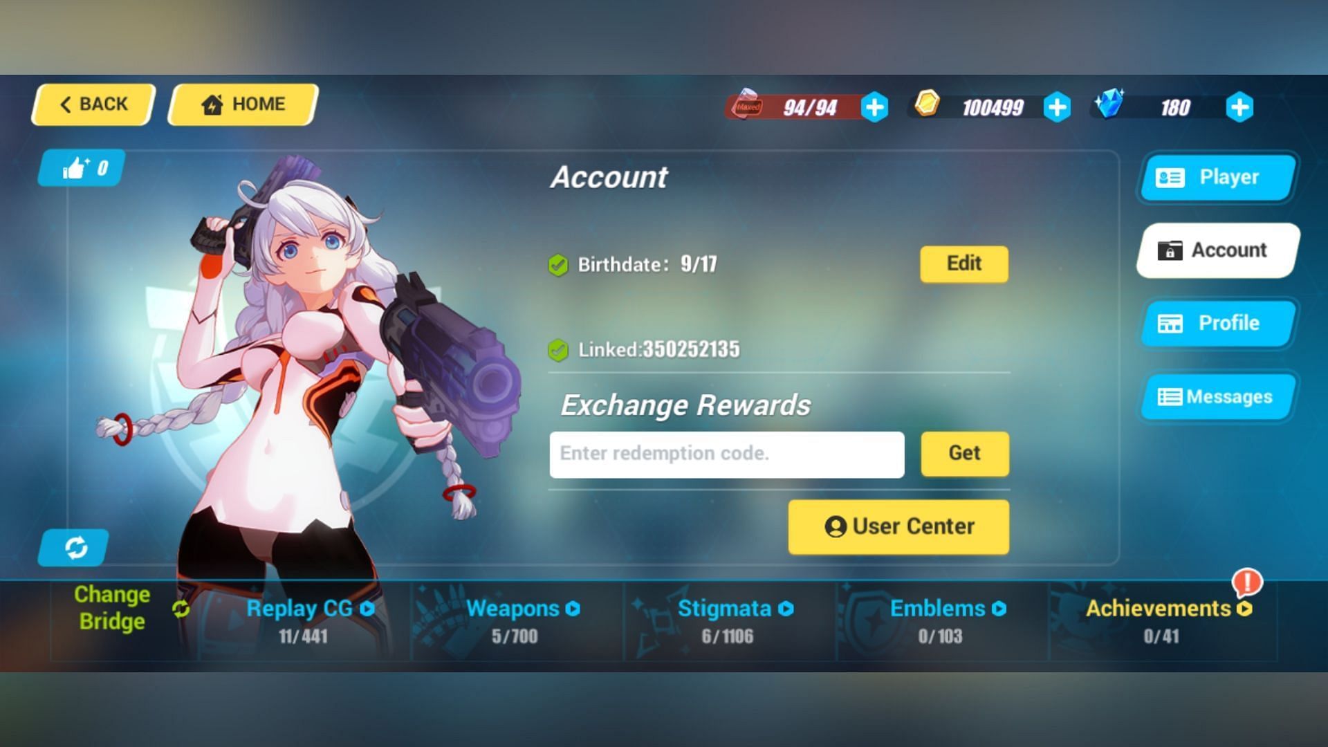 Tap the Account button to enter code redemption menu. (Image via miHoYo)