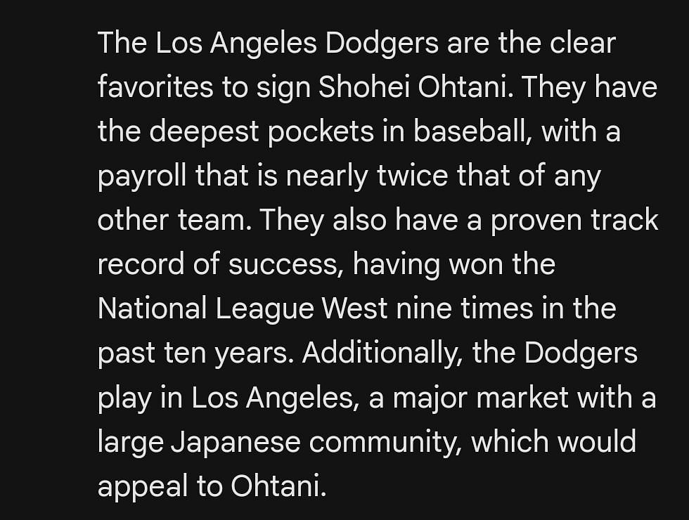 Google Bard believes that the Los Angeles Dodgers are the favorites to sign Ohtani this offseason