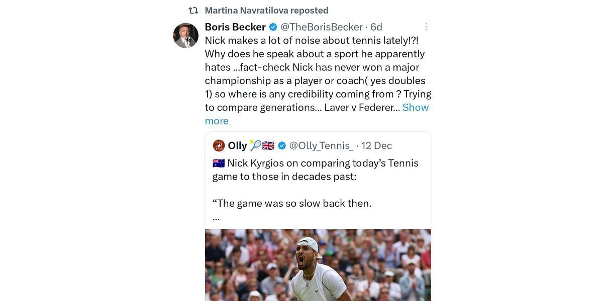 Martina Navratilova reposted Becker&#039;s comments