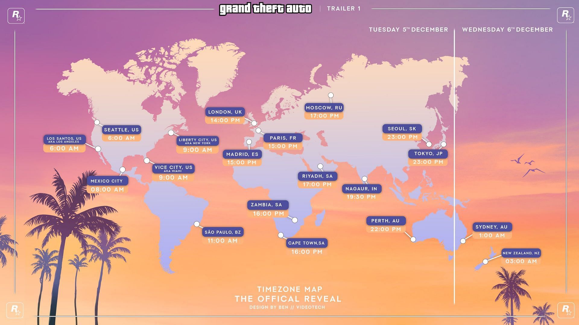 A local time map for the Grand Theft Auto 6 trailer release (Image via X/@videotechuk_)