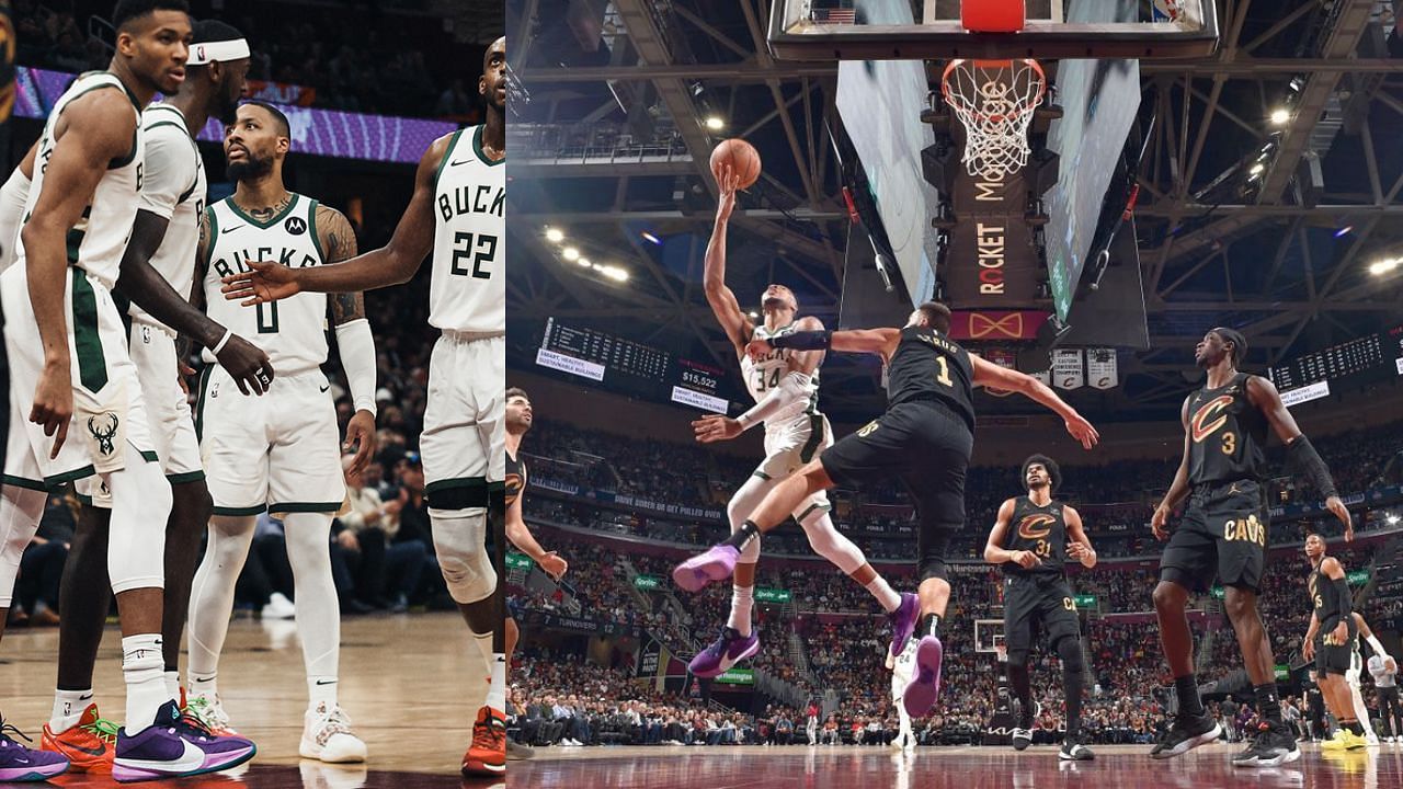 Giannis Antetokounmpo in purple Freak 5 against the Cavaliers