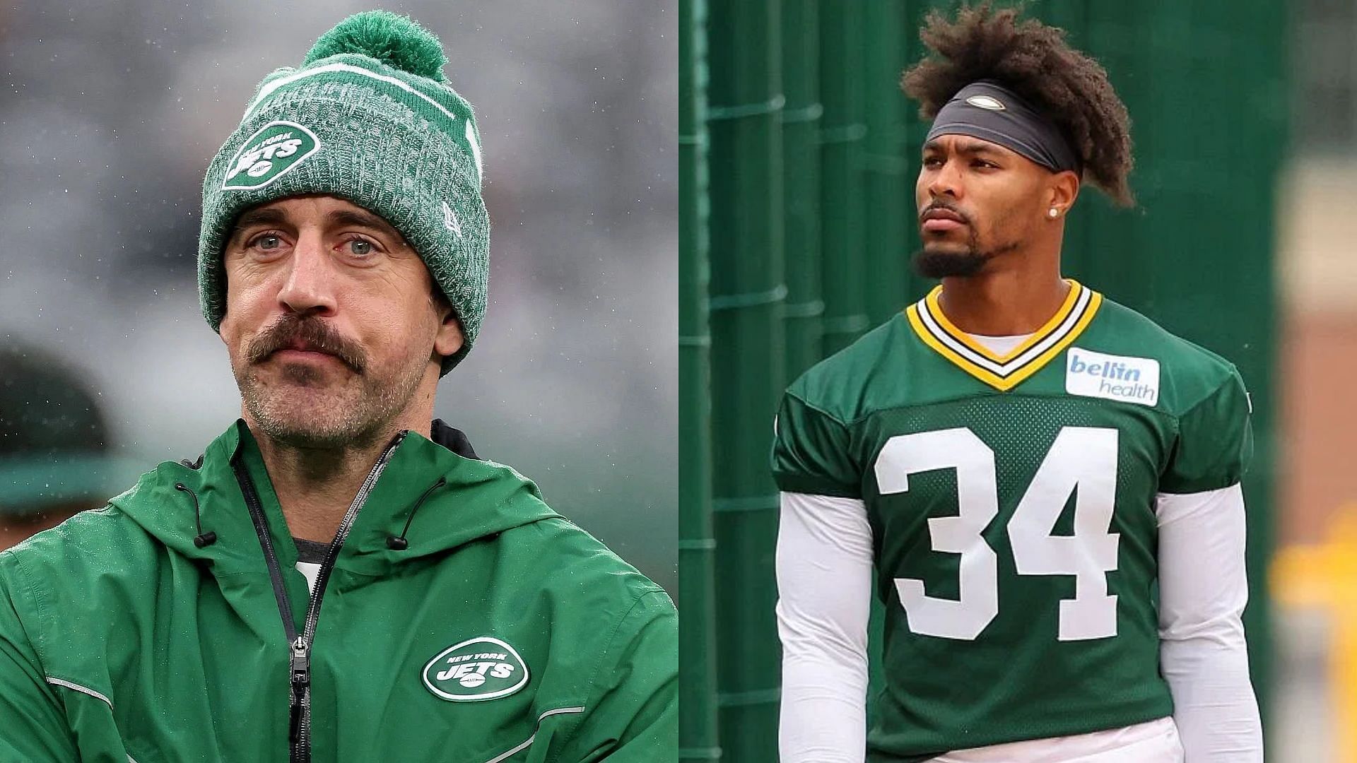 New York Jets quarterback Aaron Rodgers and Green Bay Packers safety Jonathan Owens