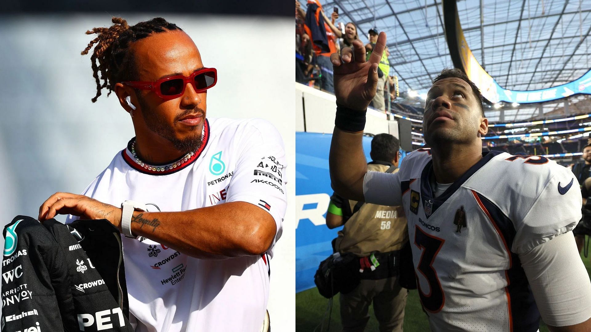 Lewis Hamilton celebrating Russell Wilson and the Broncos