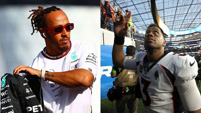Broncos part-owner Lewis Hamilton watches over Russell Wilson and team's demolition of Chargers from So-Fi stadium
