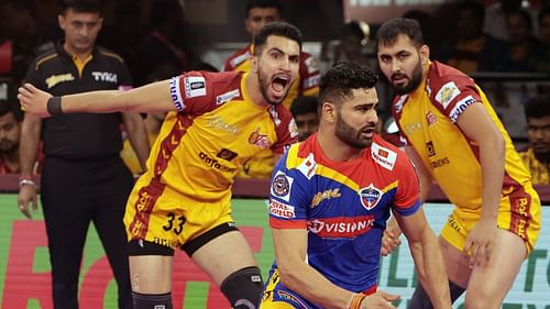 Milad Jabbari of Telugu Titans in action against the UP Yoddhas (Image via Pro Kabaddi League)