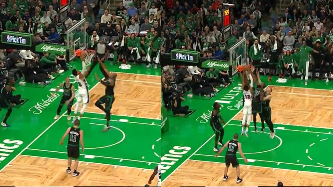 Al Horford of the Boston Celtics emphatically rejected Philadelphia 76ers forward Tobias Harris