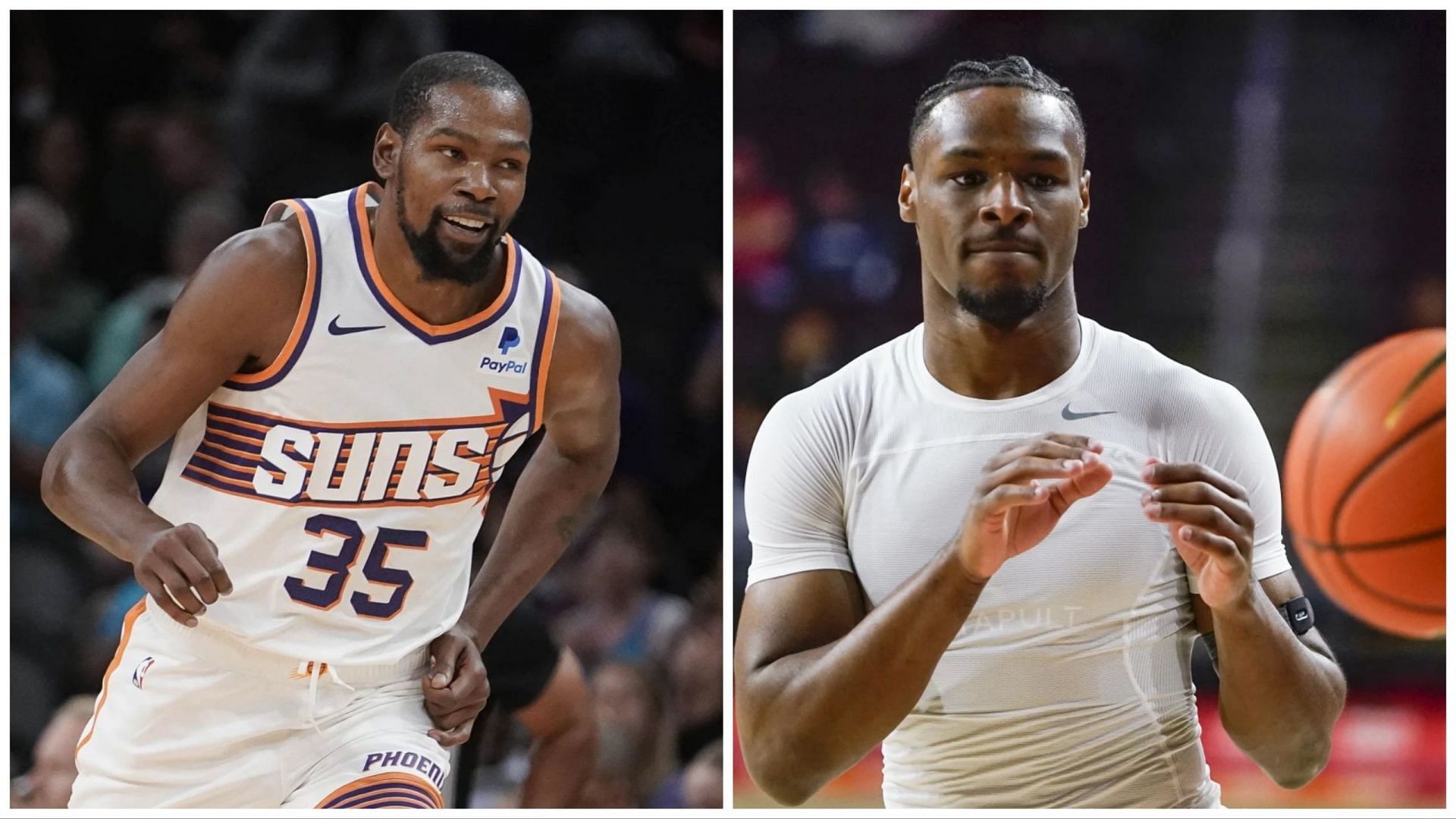 Kevin Durant (left) took to social media and reacted to the debut of Bronny James (right) with USC (AP Photo: Darryl Webb/Ryan Sun)