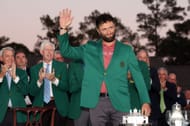Jon Rahm waves after wearing the green jacket at the 2023 Masters