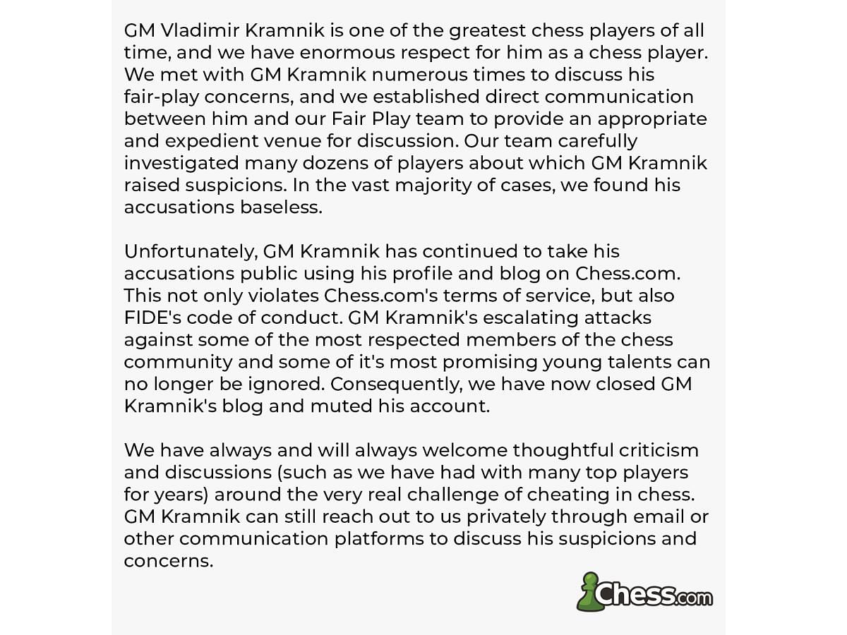 Chess.com publishes a statement regarding Kramnik&#039;s blog (Image via X/Chess.com)