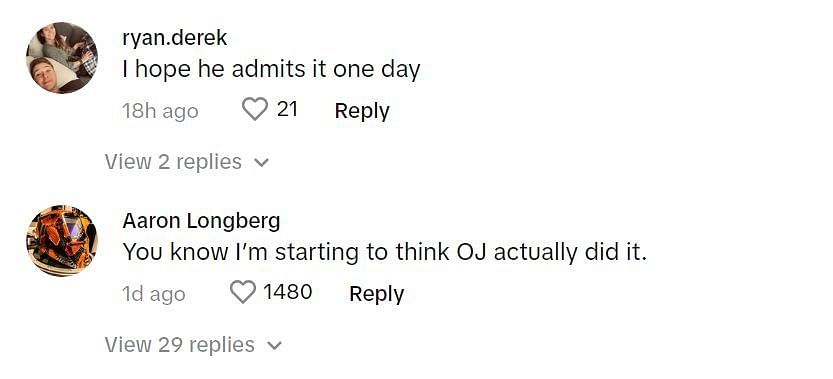 Comments on TikTok in response to OJ Simpson&#039;s post