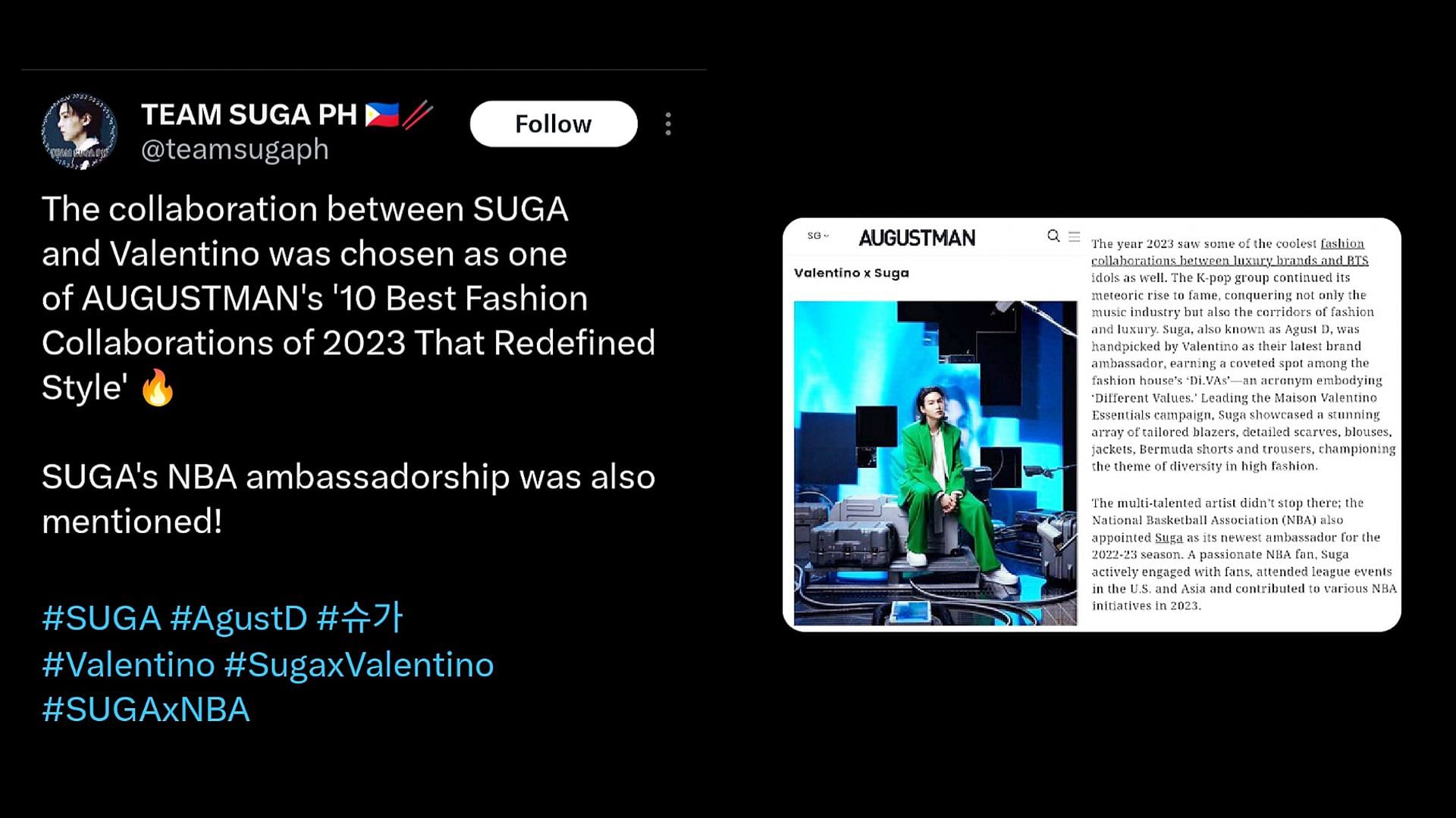 Fans rejoice as SUGA x Valentino ranks one of the 10 Best Fashion Collaborations Of 2023 That Redefined Style by AUGUSTMAN (Image via X)