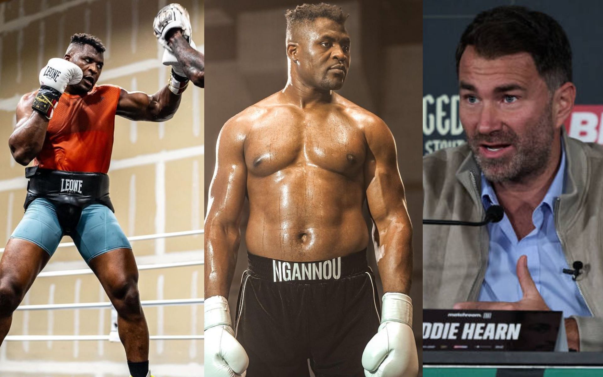 Francis Ngannou (left) and (middle) will never contend for a boxing world title, says Eddie Hearn (right) [Images Courtesy: @GettyImages and @francisngannou on Instagram]