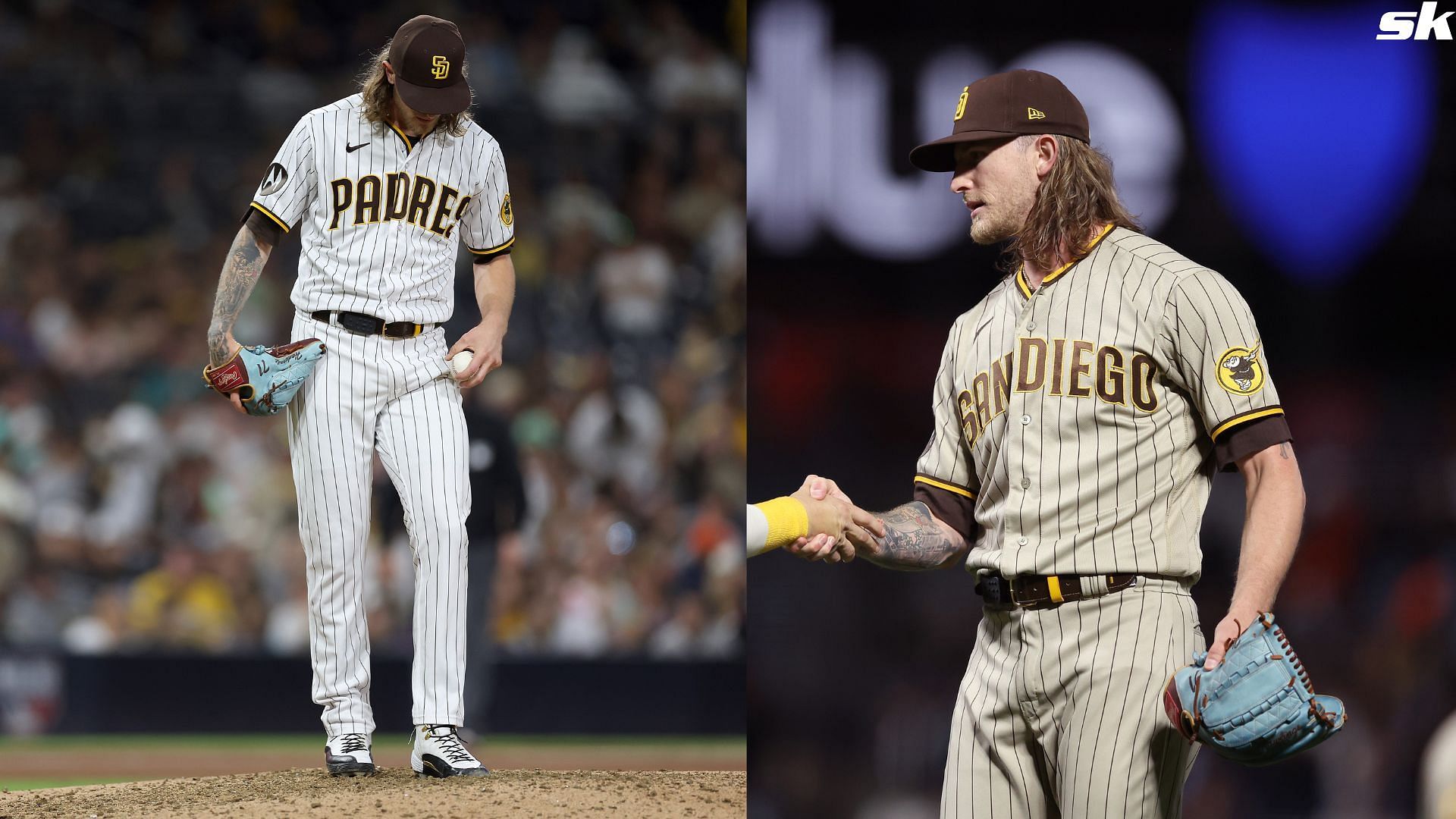 Josh Hader of the San Diego Padres reacts after allowing a single against the Colorado Rockies