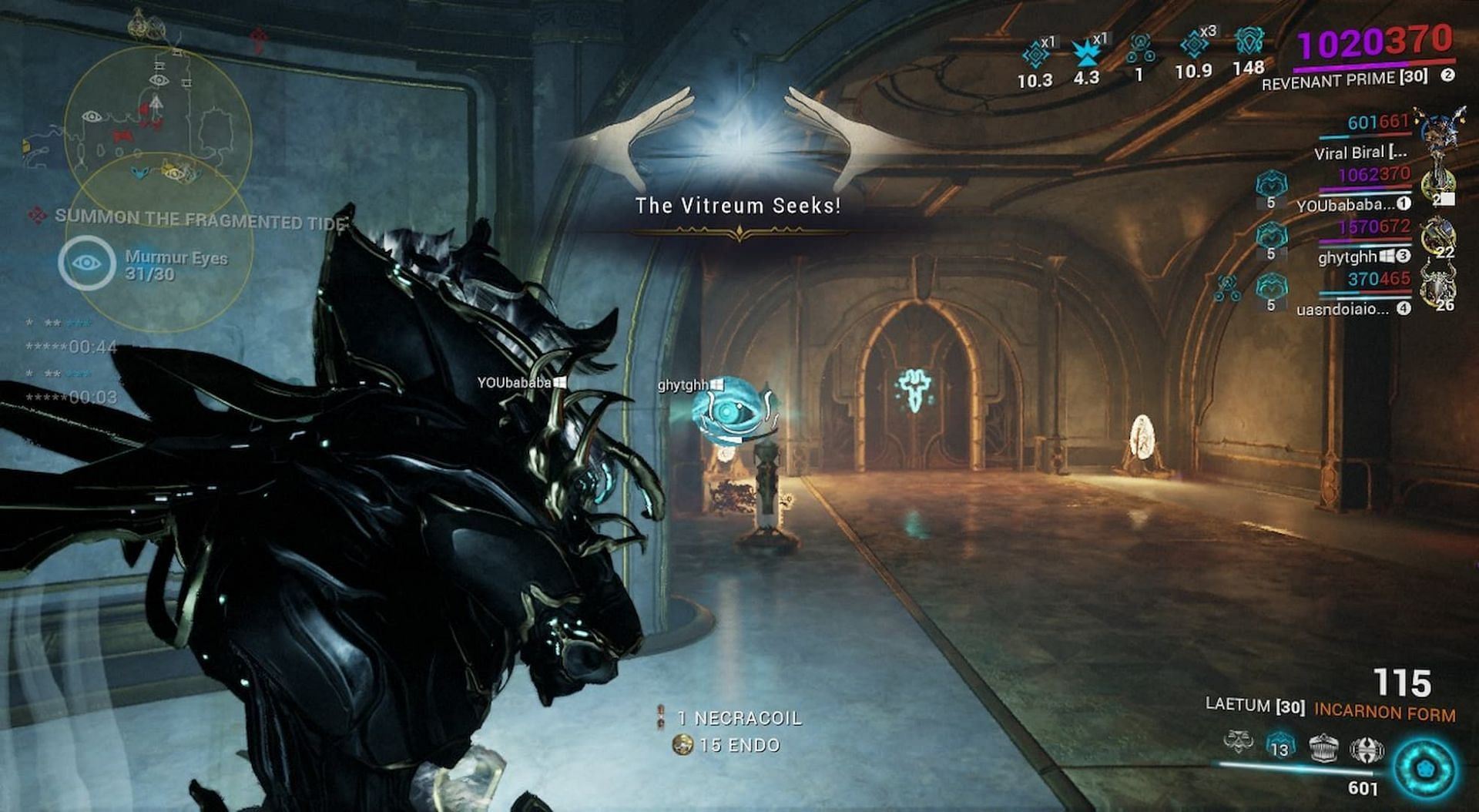 You must collect Murmur Eyes to summon the Fragmeted boss in Warframe (Image via Digital Extremes)