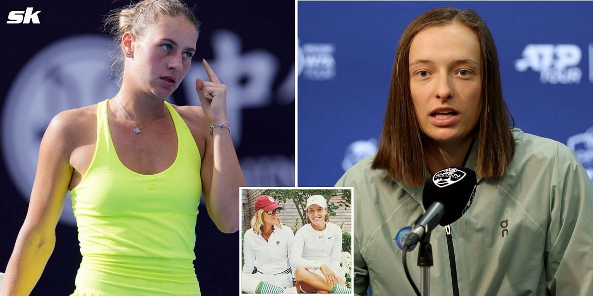 Marta Kostyuk (L), Iga Swiatek (R), Swiatek and Jolanta Rusin (C)