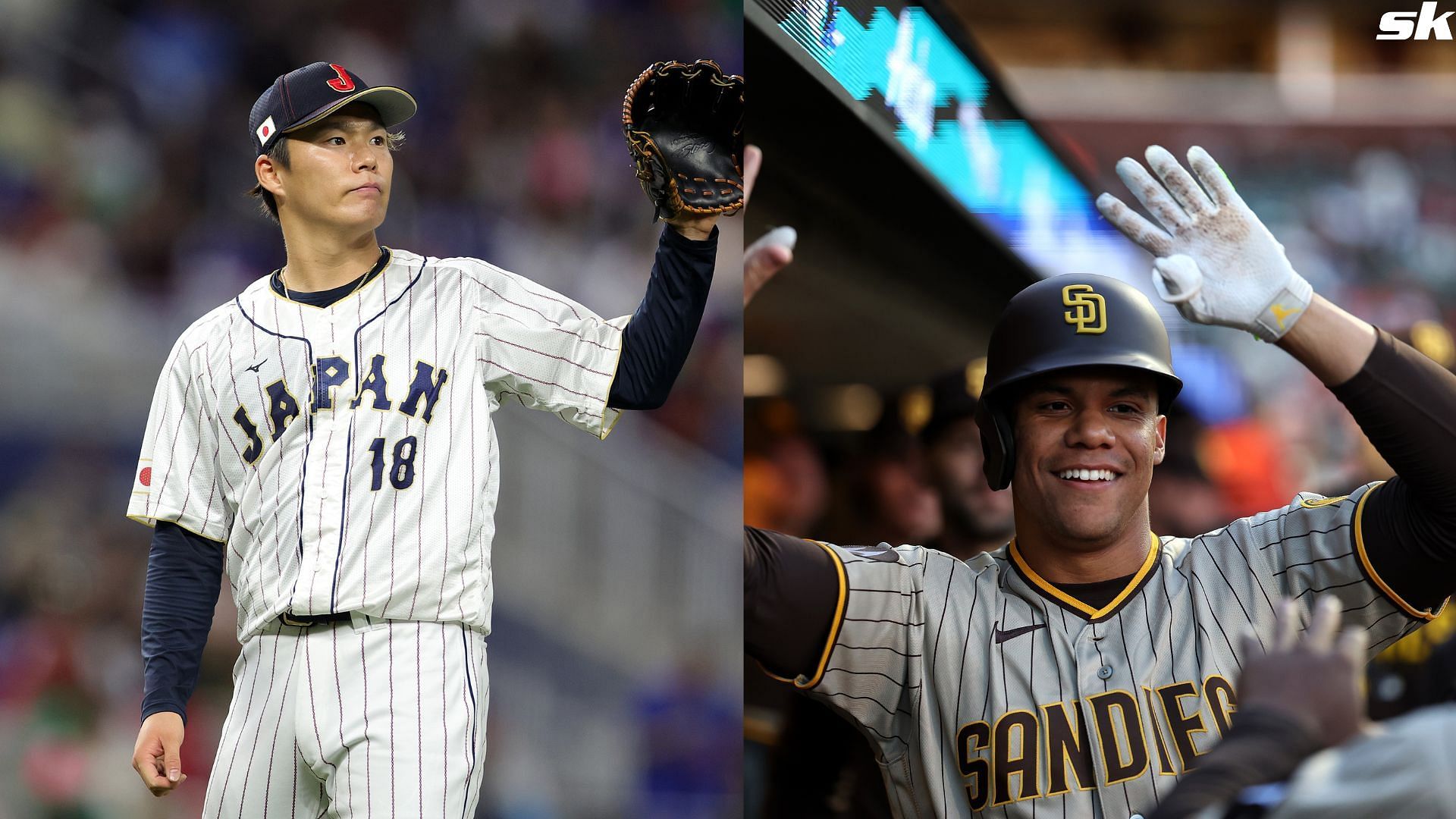 Juan Soto of the San Diego Padres celebrates whit teammates in the dugout during a MLB game