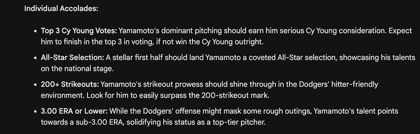 Bard's prediction on Yamamoto's possible individual accolades in 2024 (Credits: Google Bard)