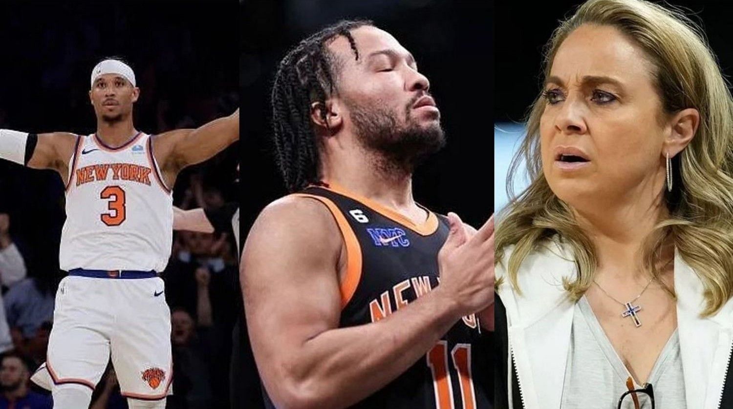 New York Knicks guard John Hart (L) defended teammate Jalen Brunson (C) from comments made by champion WNBA coach Becky Hammon (R) earlier this week.