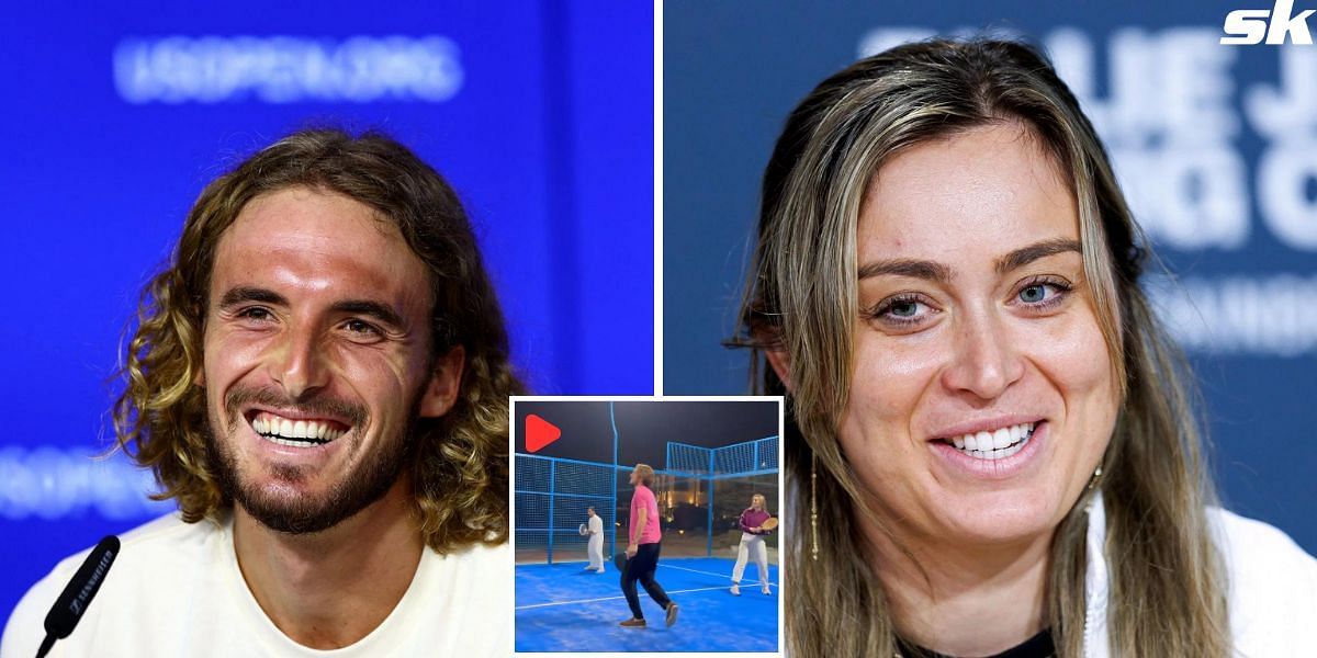 Stefanos Tsitsipas (L) and Paula Badosa (R) play padel (inset)