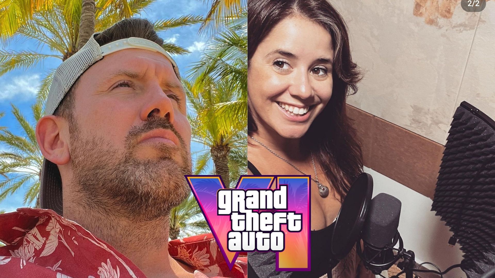 Portraits of rumored GTA 6 voice actors Bryan Zampella and Alexandra Echavarri (Image via Sportskeeda)