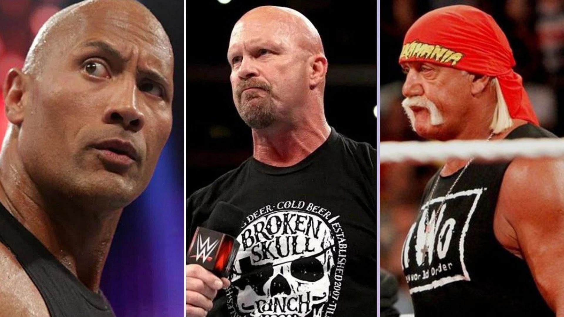 The Rock on the left, Steve Austin in the middle, Hulk Hogan on the right