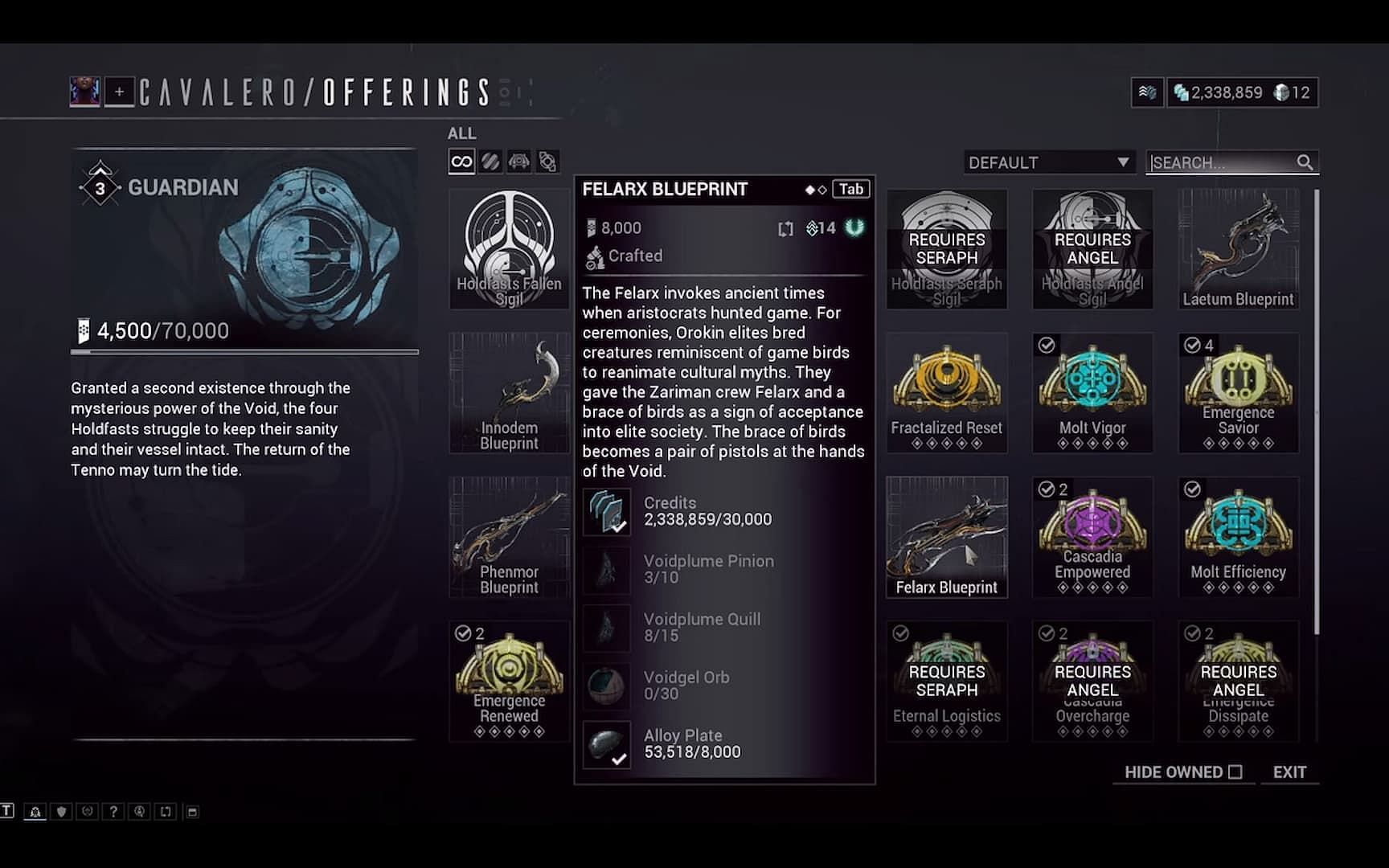 Warframe Felarx can be bought for 8,000 standings from Cavalero (Image via Digital Extremes)