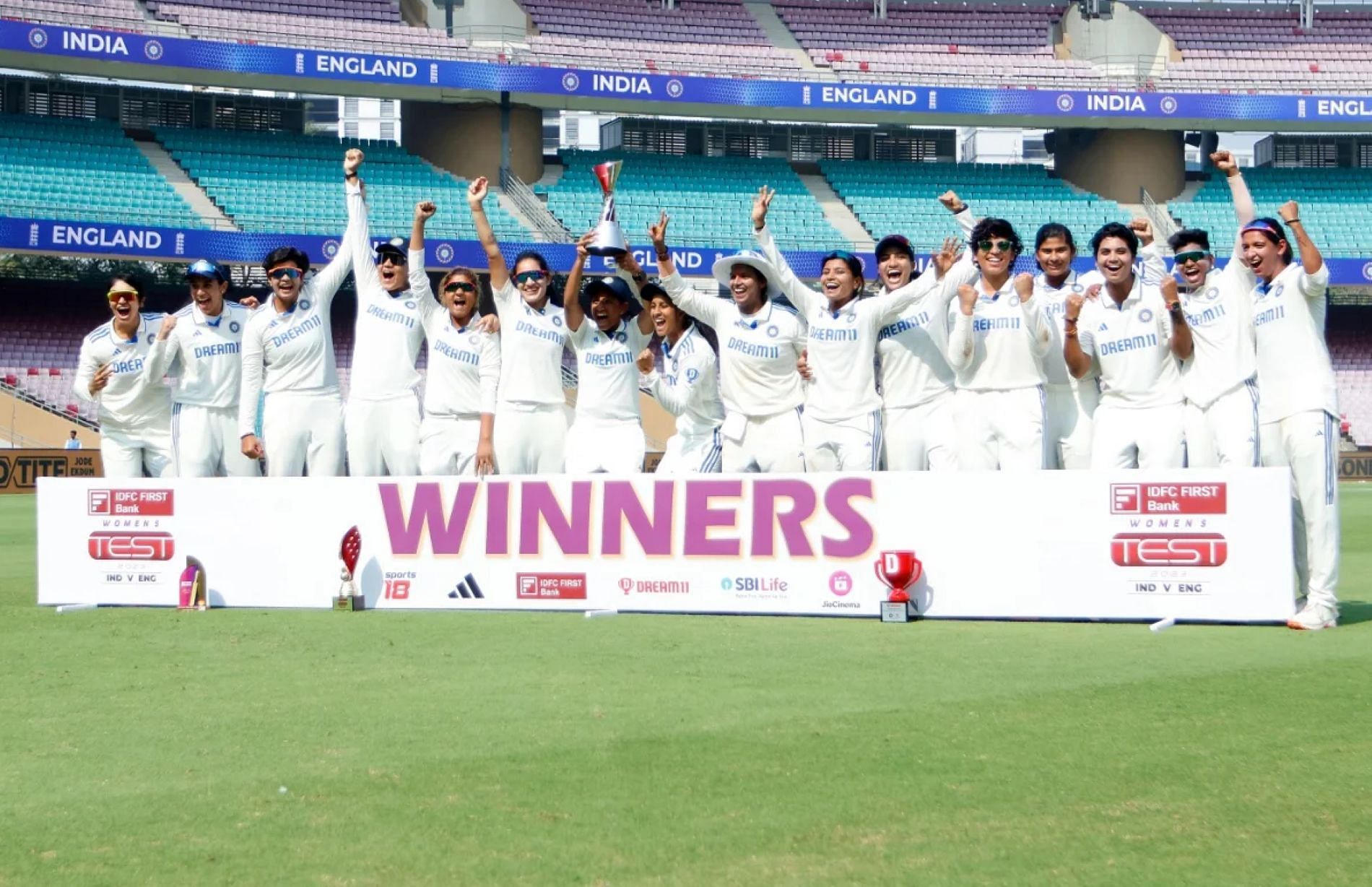Indian women pose after their crushing win against England