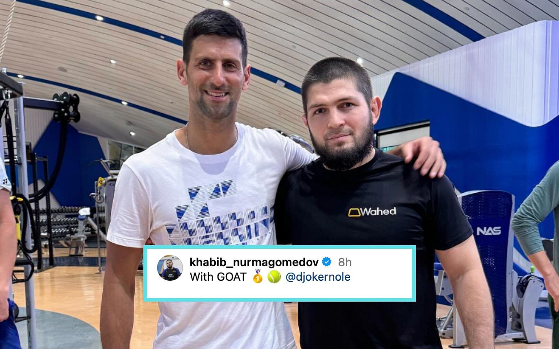 Khabib Nurmagomedov (right) shared a picture on Instagram with Novak Djokovic (left) [Photo Courtesy @khabib_nurmagomedov on Instagram]