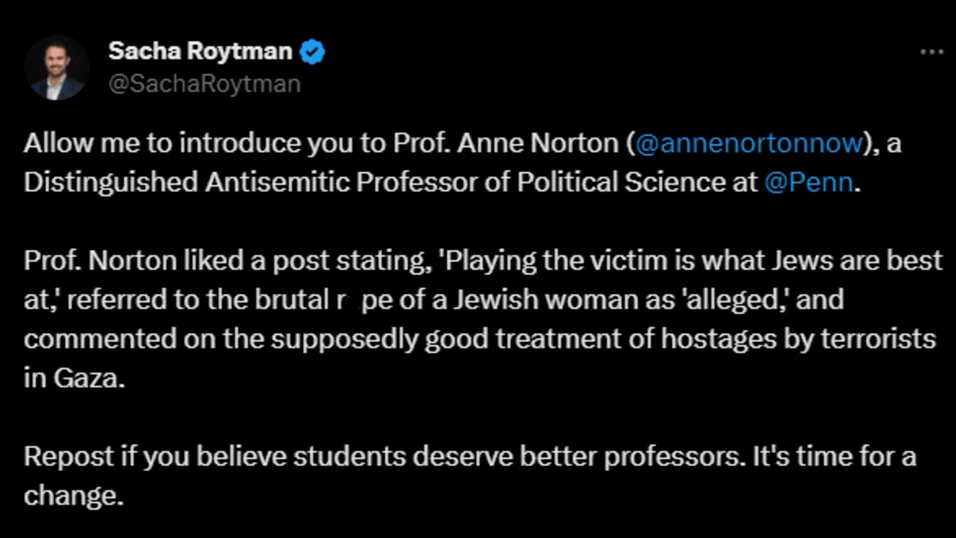 A netizen claims the firing of Professor Norton. (Image via X/SachaRoytman)