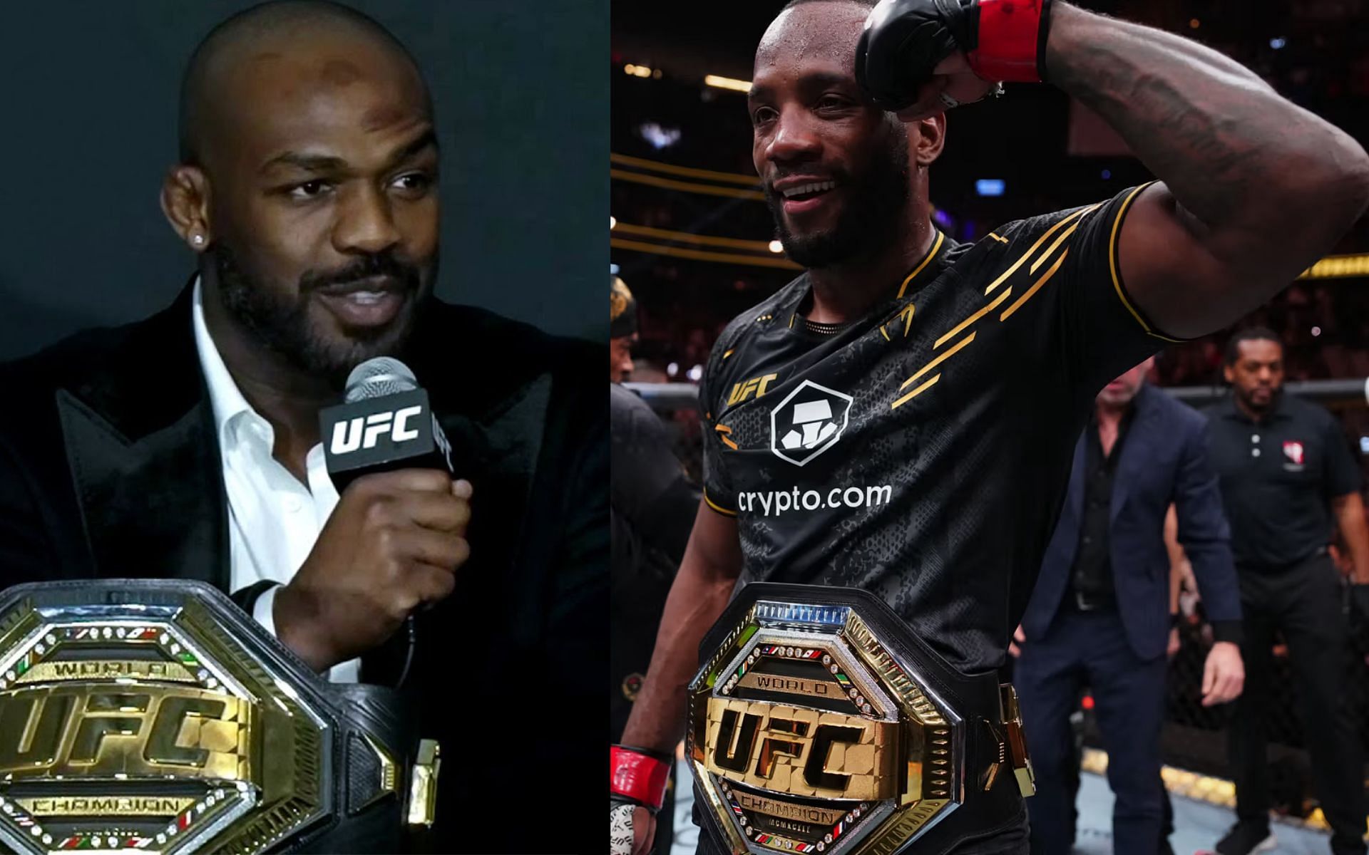 Jon Jones (left) offers to gift Leon Edwards (right) a present. (via Getty Images and UFC)