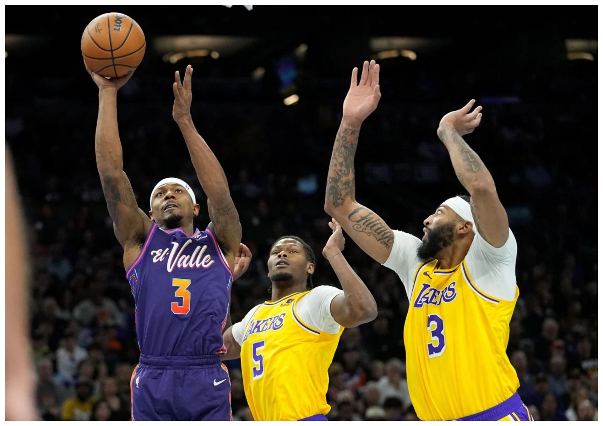 Bradley Beal (left) is set to return to the Phoenix Suns lineup vs the Golden State Warriors on Tuesday (AP Photo/Matt York)